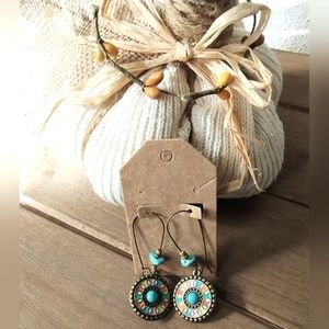 Enameled Southwest Boho Style Turquoise Howlite Long Earrings